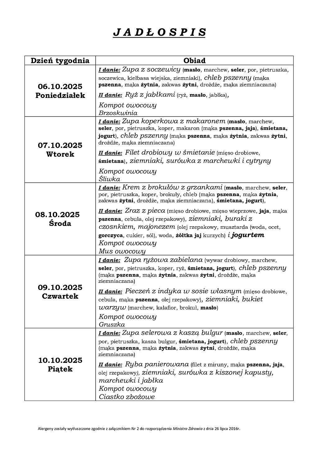 Jadłospis od poniedziałku do piątku 